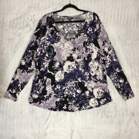 Simply Vera Vera Wang Purple Floral V-Neck Top Plus Sz 3X Long Sleeve Tee Rayon - Picture 1 of 13
